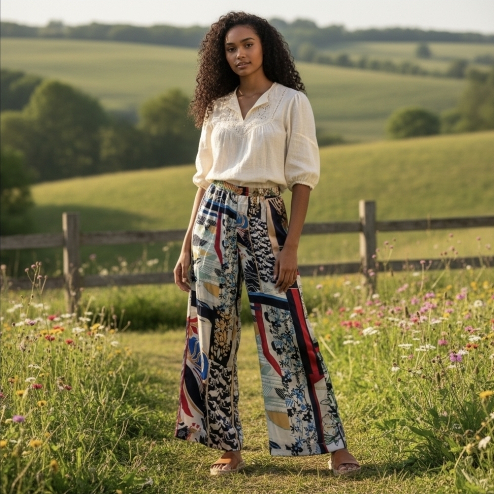 🎁NWT Micas Abstract Patchwork Wide Leg Trousers … - image 11